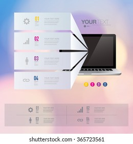 Infographic design with realistic 3d computer with colorful shiny bokeh background  
can be used for workflow layout, diagram, chart, number options, web design. 
Eps 10 stock vector illustration 