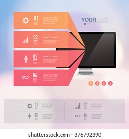 Infographic design with realistic 3d computer with colorful shiny bokeh background  
can be used for workflow layout, diagram, chart, number options, web design. 
Eps 10 stock vector illustration 