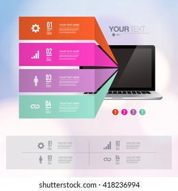 Infographic design with realistic 3d computer with colorful shiny bokeh background  
can be used for workflow layout, diagram, chart, number options, web design. 
Eps 10 stock vector illustration 