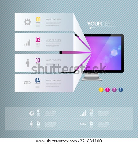 Infographic design with realistic 3d computer with colorful shiny wallpaper  can be used for workflow layout, diagram, chart, number options, web design.  Eps 10 stock vector illustration 