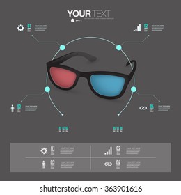 Infographic design with realistic 3d glasses with minimal grey background can be used for workflow layout, diagram, chart, number options, web design. 