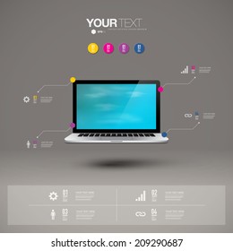 Infographic design with realistic 3d laptop computer with blue sky wallpaper on screen can be used for workflow layout, diagram, chart, number options, web design.  Eps 10 stock vector illustration 