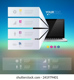 Infographic design with realistic 3d laptop computer can be used for workflow layout, diagram, chart, number options, web design. Eps 10 stock vector illustration 