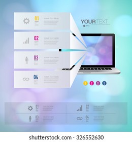 Infographic design with realistic 3d laptop computer with colorful shiny bokeh wallpaper can be used for workflow layout, diagram, chart, number options, web design. Eps 10 stock vector illustration 