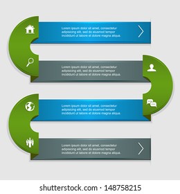 Infographic design ribbon, curved lines, numbered options and icons, modern design, can be used for diagram, design of website, step up options, web template, illustration.