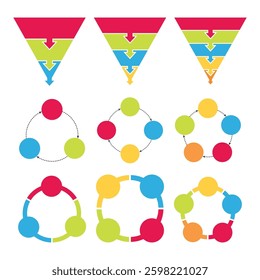 Infographic design. Set of pie charts, circle diagrams, and triangular sales funnel charts. Collection of graphs for presentations and reports.