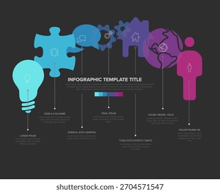 El diseño infográfico muestra imágenes creativas e iconos metafóricos para presentaciones de negocios. Infografía con fondo oscuro, haciendo que los iconos coloridos se destaquen, perfecto para la visualización de datos.