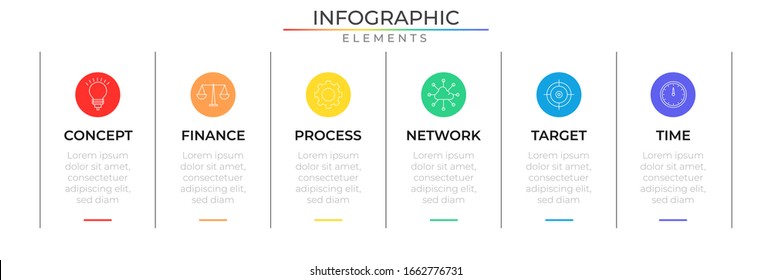Diseño gráfico con seis pasos e iconos. Plantilla de proceso de gráfico. Vector moderno para proyectos y presentaciones de empresas o empresas. Diseño moderno Eps10