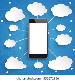 Infographic design with smartphone and clouds on the blue background. Eps 10 vector file.