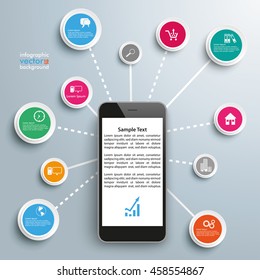 Diseño gráfico con smartphone, red y círculos en el fondo gris. Archivo vectorial Eps 10.