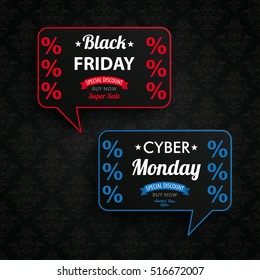 Infographic design with speech bubbles for black friday and cyber monday sale. Eps 10 vector file.