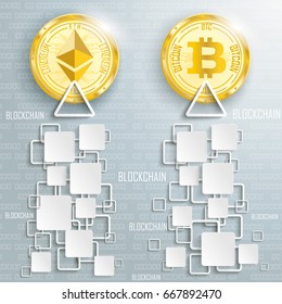 Infographic design with squares, golden ethereum and bitcoin on the digital background. Eps 10 vector file.