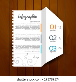 Infographic design, steps 1 2 3 on wooden background