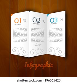 Infographic design, steps 1 2 3 on wooden background