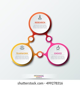 Infographic design template with 3 connected circular elements, steps to success and project management business concept: research, teamwork, choice. Vector illustration for website, presentation.