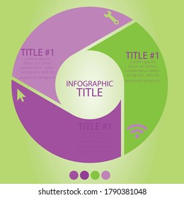 Plantilla de diseño de infografía, gráfico de 3 partes. Pancarta de presentación de datos para sitios web, negocios y marketing. Diagrama de color morado y verde.