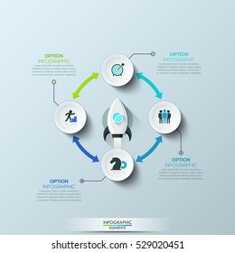 Infographic design template: 4 circular elements connected by double-headed arrows and space shuttle taking off on mission in center. Four steps to startup launch. Vector illustration for website, ad.