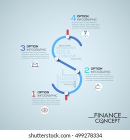 Infographic design template with 4 elements connected by lines in shape of dollar sign, business finance and budget planning concept. Vector illustration for corporate website, presentation, report.