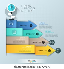 Infographic design template, 4 multicolored overlapping arrows pointing at text boxes and pictograms. Company statistics and revenue representation concept. Vector illustration for presentation.