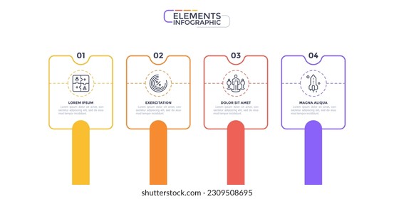 Infographic design template with 4 numbered rectangular elements, thin line icons and text boxes. Project fulfillment concept. Vector illustration for report, presentation.