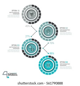 Infographic design template with 4 numbered circular elements with percentage indication, thin line icons and text boxes. Project fulfillment concept. Vector illustration for report, presentation.