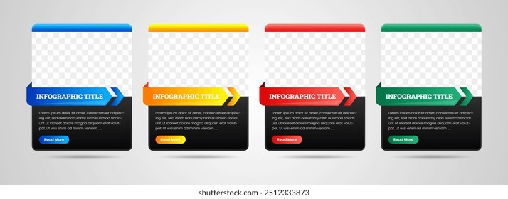 Modelo de design de infográfico com 4 opções ou etapas pode ser usado para diagrama de fluxo de trabalho, gráfico de informações, design da Web. ilustração vetorial. layout vertical com espaço para foto. fundo preto.