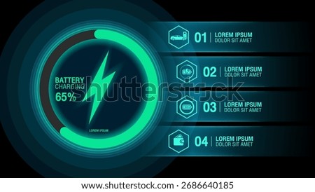 Infographic design template with 4 options. Battery charge status in  circle format. Futuristic technology abstract background.