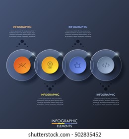 Infographic design template with 4 overlapped transparent circular elements on dark background. Mobile app and software development concept. Vector illustration for website, report, presentation.