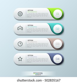 Infographic design template with 4 separate numbered rounded rectangles. Game setup user manual. Gaming application development concept. Vector illustration for website, mobile app, presentation.