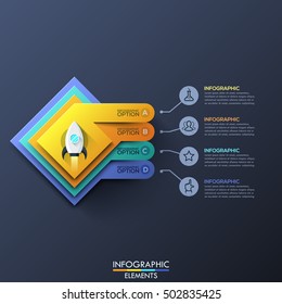 Infographic design template with 4 squared layers and space rocket take off in center on dark background. Steps of startup launch business concept. Vector illustration for website, presentation.