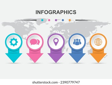 Plantilla de diseño infográfico con 5 Flechas con iconos, vector de stock