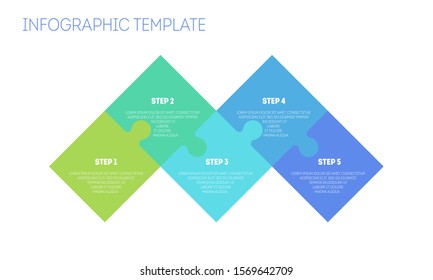 Infographic design template with 5 connected jigsaw puzzle pieces. 