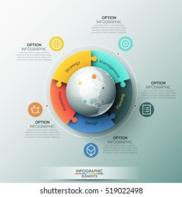 Infographic design template, 5 connected jigsaw puzzle pieces located around globe. Features of global business processes, development of multinational corporation. Vector illustration for report, ad.