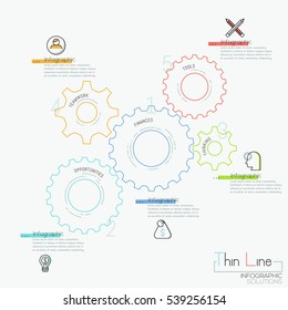 Infographic design template with 5 gear wheels, pictograms and text boxes. Interaction of business elements visualization. Vector illustration in thin line style for website, banner, presentation.