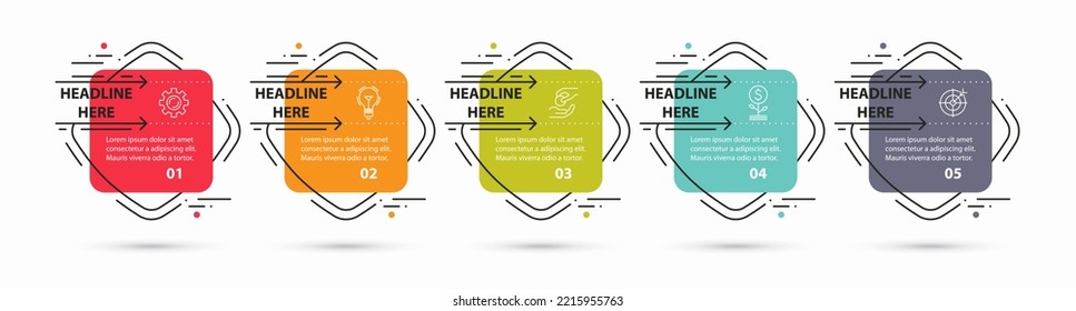 Infographic design template with 5 numbered steps, options. Business concept in minimal thin line style. Easy editable and can be applied for diagram, flowchart, timeline, process chart.