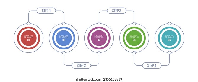 Infographic design template with 5 options, steps or parts. The concept of consecutive stages of the project process. Vector color template. Business concept. Flat design vector illustration.