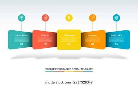 Modelo de design infográfico com 5 opções, etapas. Pode ser usado para visualização de linha de tempo, gráfico, gráfico, relatório, design da Web. Ilustração vetorial