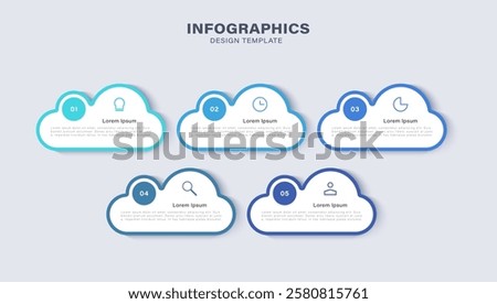 Infographic design template. 5 Step timeline journey. Process cloud shapes, 5 options on white background