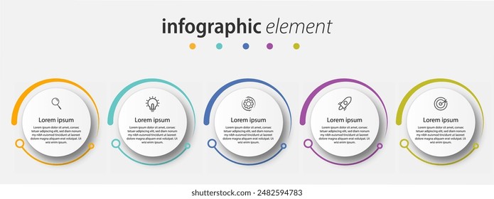 Plantilla de diseño de infografía con 5 pasos, opciones. se puede utilizar para diagrama de flujo de trabajo, infografía, Diseño web. Ilustración vectorial.