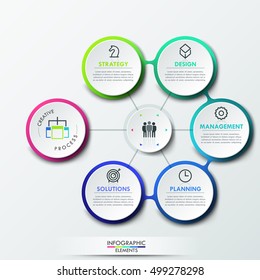 Plantilla de diseño infográfico con 6 Elementos circulares conectados con el centro, proceso creativo exitoso y concepto de negocio de gestión de trabajo en equipo. Ilustración vectorial para Sitio web, presentación, anuncio.