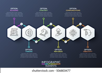 Infographic design template with 6 hexagons connected with text boxes by arrows. Organization of creative process, creation of product. Vector illustration with thin line elements for report, website.