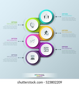 Infographic design template with 6 multicolored successively connected circular elements and text boxes. Steps of business project development. Vector illustration for website, presentation, brochure.