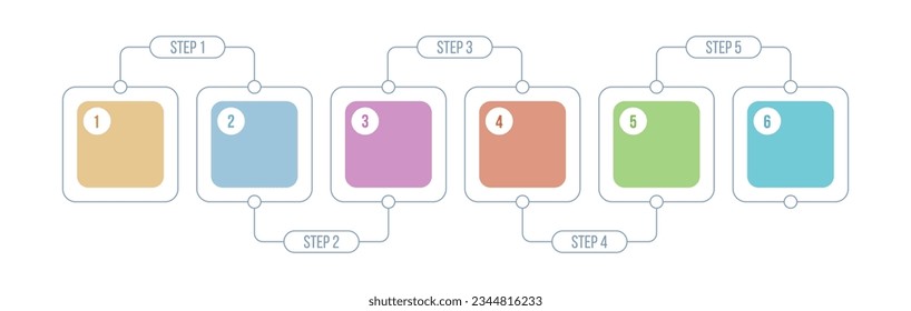 Infographic design template with 6 options, steps or parts. The concept of consecutive stages of the project process. Vector color template. Business concept. Flat design vector illustration.