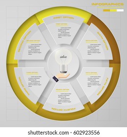 Infographic design template 6 options pie chart and business concept. Can be used for work flow layout, diagram, number options. EPS10.