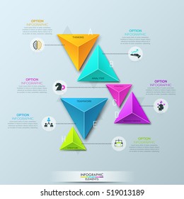 Infographic design template with 6 separate multicolored pyramidal elements divided into pairs and connected with text boxes. Features of business development. Vector illustration for website, report.