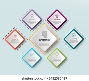 Infografik-Design-Vorlage mit 6 Stufen, Optionen. Kann für Workflow-Diagramm, Infodiagramm, Webdesign verwendet werden. Vektorillustration.