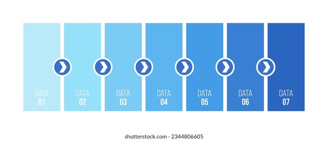 Infographic design template with 7 columns, options, parts or processes. Blue color shapes, arrows. Infographic vector element. Data visualization. Workflow layout. Vector color illustration.