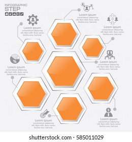 Infographic design template with 7 separate white hexagonal elements with pictograms connected with text boxes. Features of business development process. Vector illustration for website, presentation.