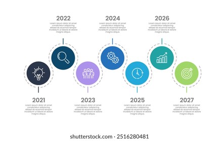 Plantilla de diseño infográfico con 7 líneas de tiempo y círculos coloridos. Presentación de negocios, hitos, flujo de trabajo, estrategia y planificación. Ilustración vectorial.