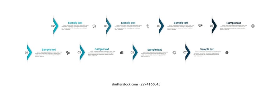 Infografische Design-Vorlage mit 8 Optionen, Schritten oder Prozessen. Kann für Workflow-Layout, Diagramm, Jahresbericht, Webdesign verwendet werden